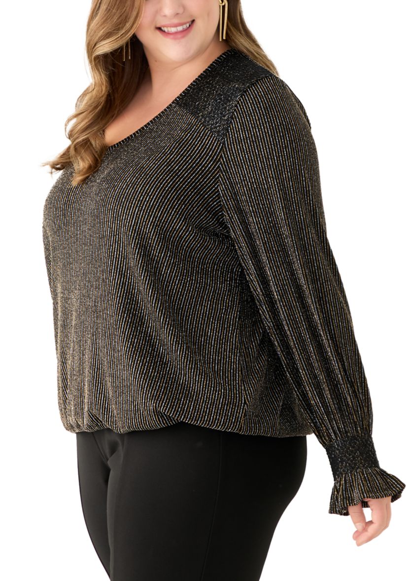 Plus Size Long Sleeve Lurex V-Neck Knit Blouse