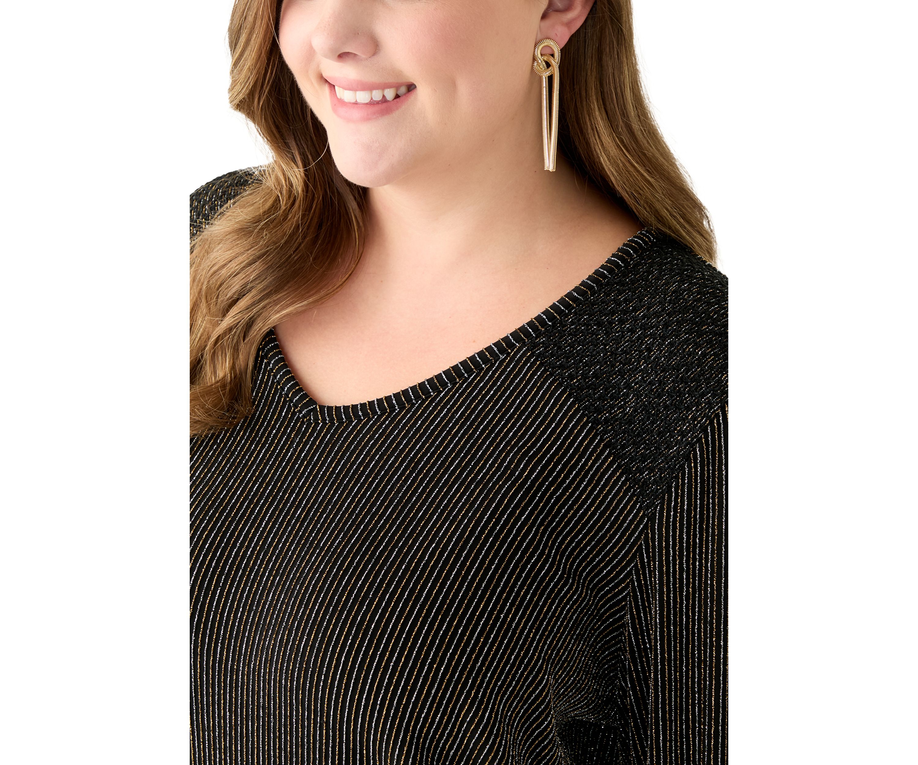 Plus Size Long Sleeve Lurex V-Neck Knit Blouse