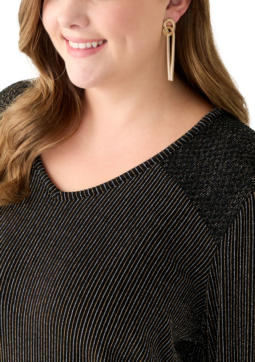 Plus Size Long Sleeve Lurex V-Neck Knit Blouse