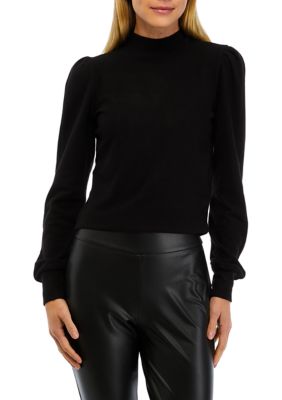 Elie Elie Tahari Women's Long Shirred Sleeve Mock Neck Jersey Top, Black, Small