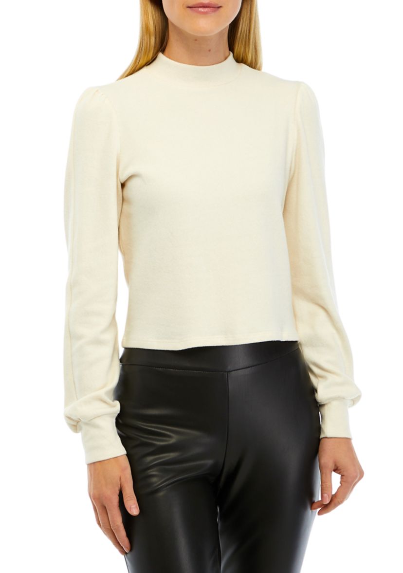 Womens Long Shirred Sleeve Mock Neck Jersey Top