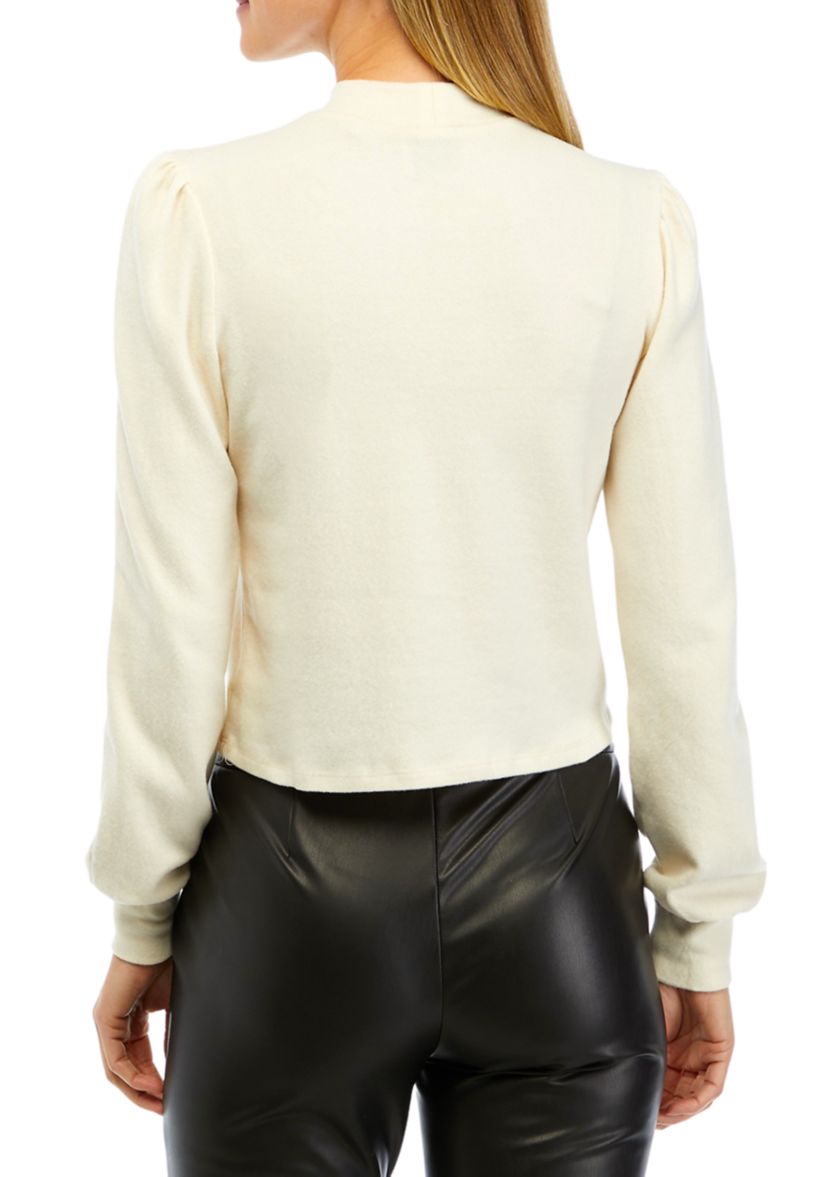 Womens Long Shirred Sleeve Mock Neck Jersey Top