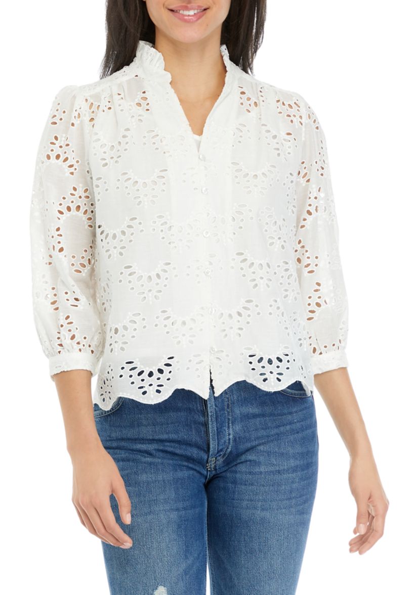 Petite 3/4 Sleeve Eyelet Top