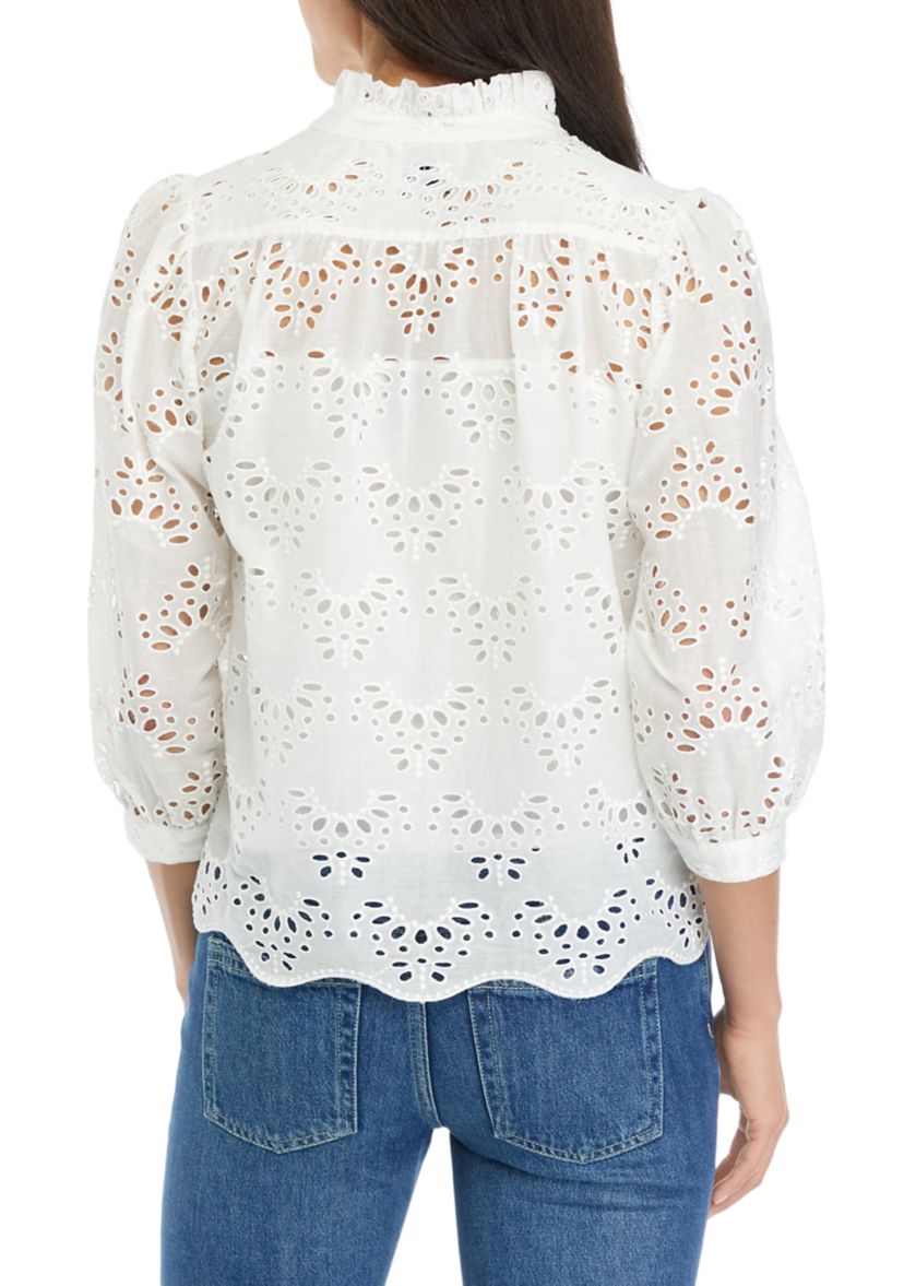 Petite 3/4 Sleeve Eyelet Top