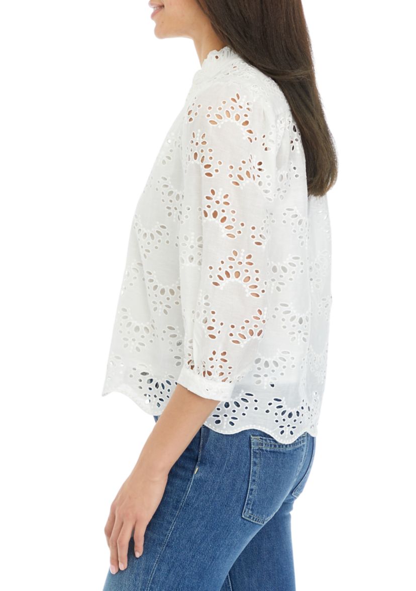 Petite 3/4 Sleeve Eyelet Top
