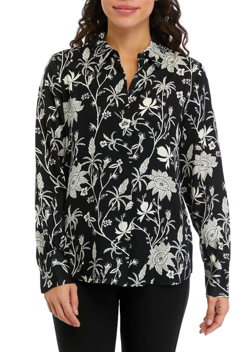 Petite Long Sleeve Collared Button Down Shirt 