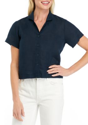 Elie Elie Tahari Women's Petite Short Sleeve Linen Camp Shirt, Navy Blue, P Extra Long