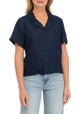 Elie Elie Tahari Women's Drop Shoulder Button Front Linen Camp Shirt, Navy Blue, Small