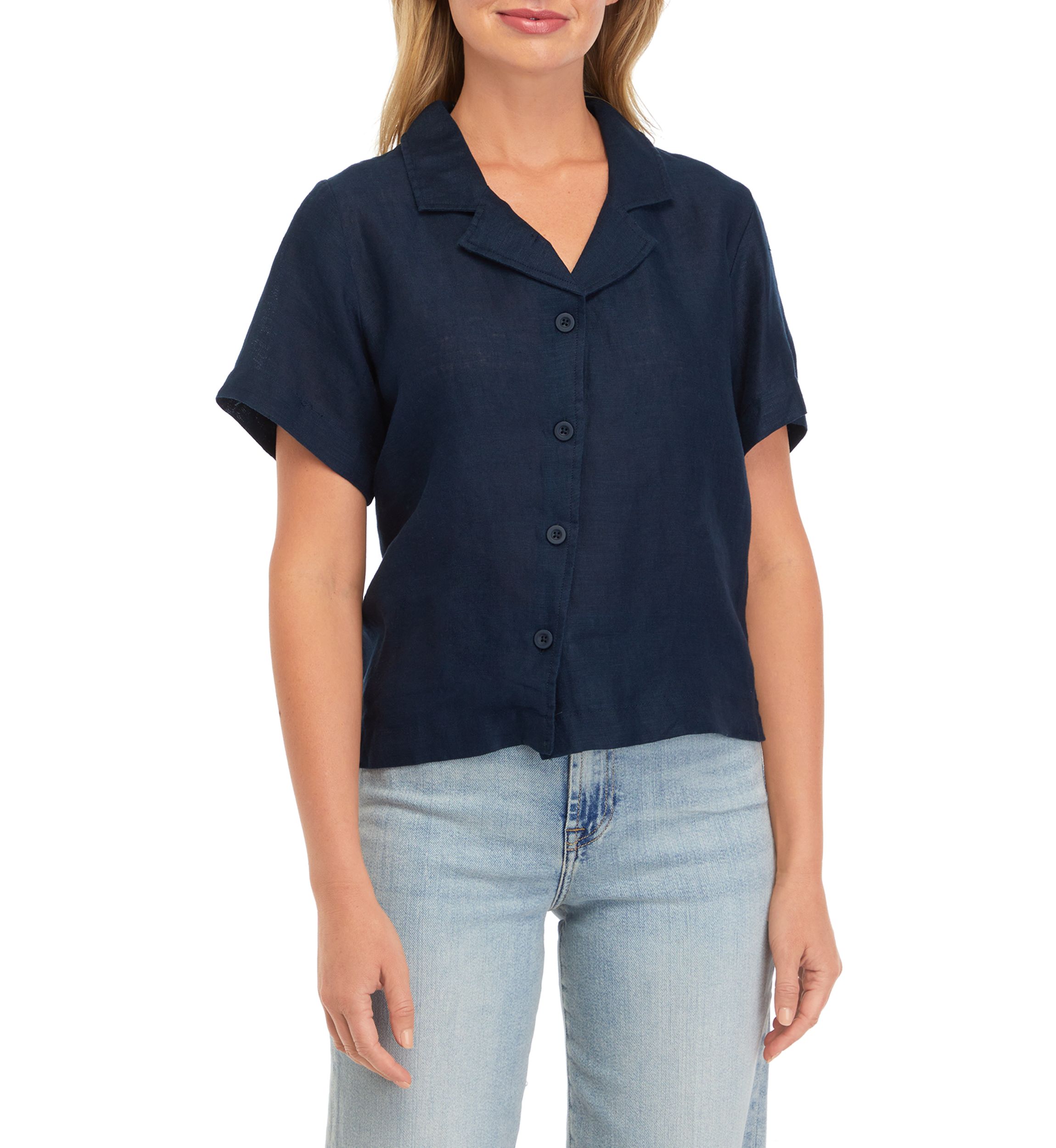 Womens Drop Shoulder Button Front Linen Camp Shirt 