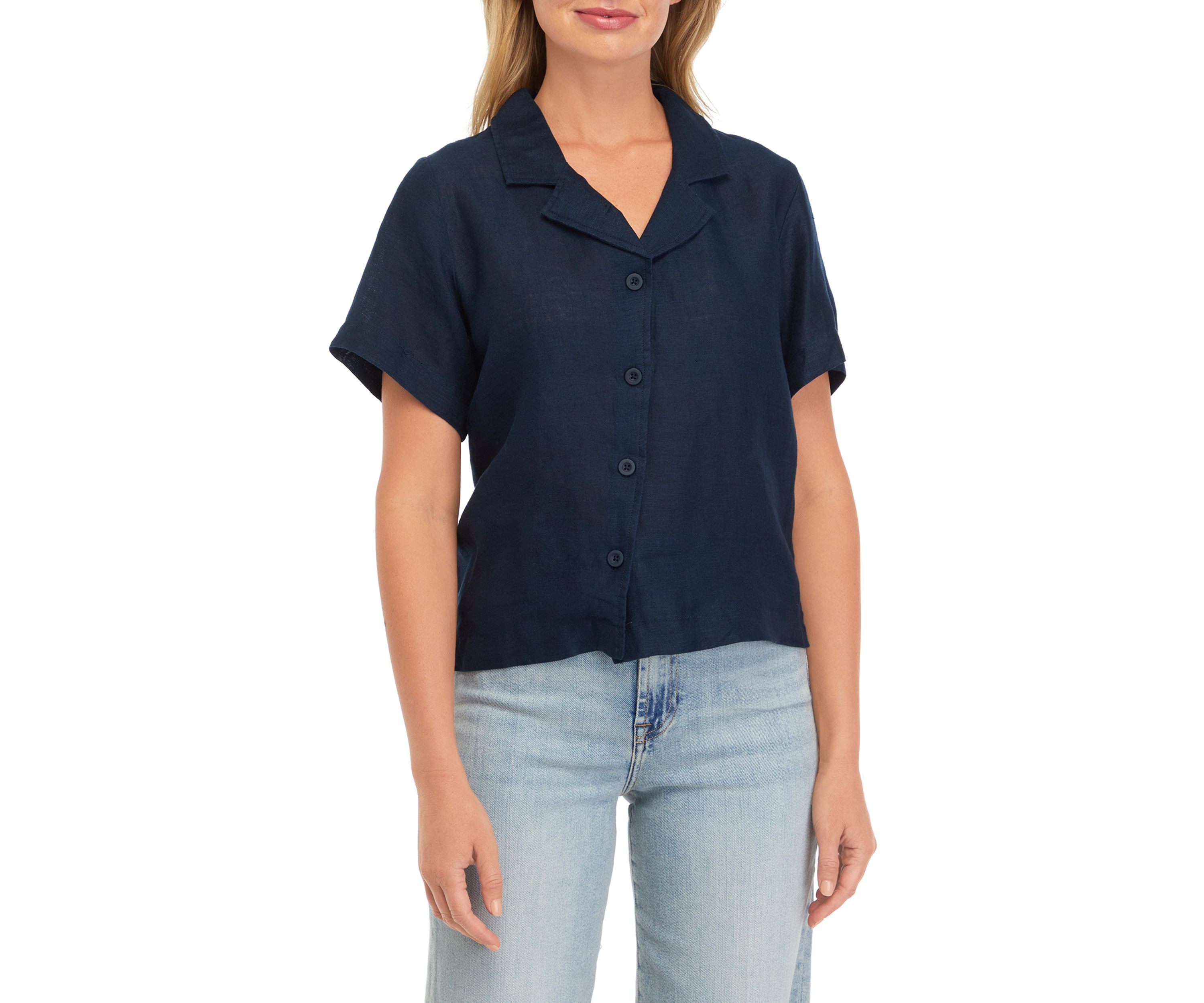 Womens Drop Shoulder Button Front Linen Camp Shirt 