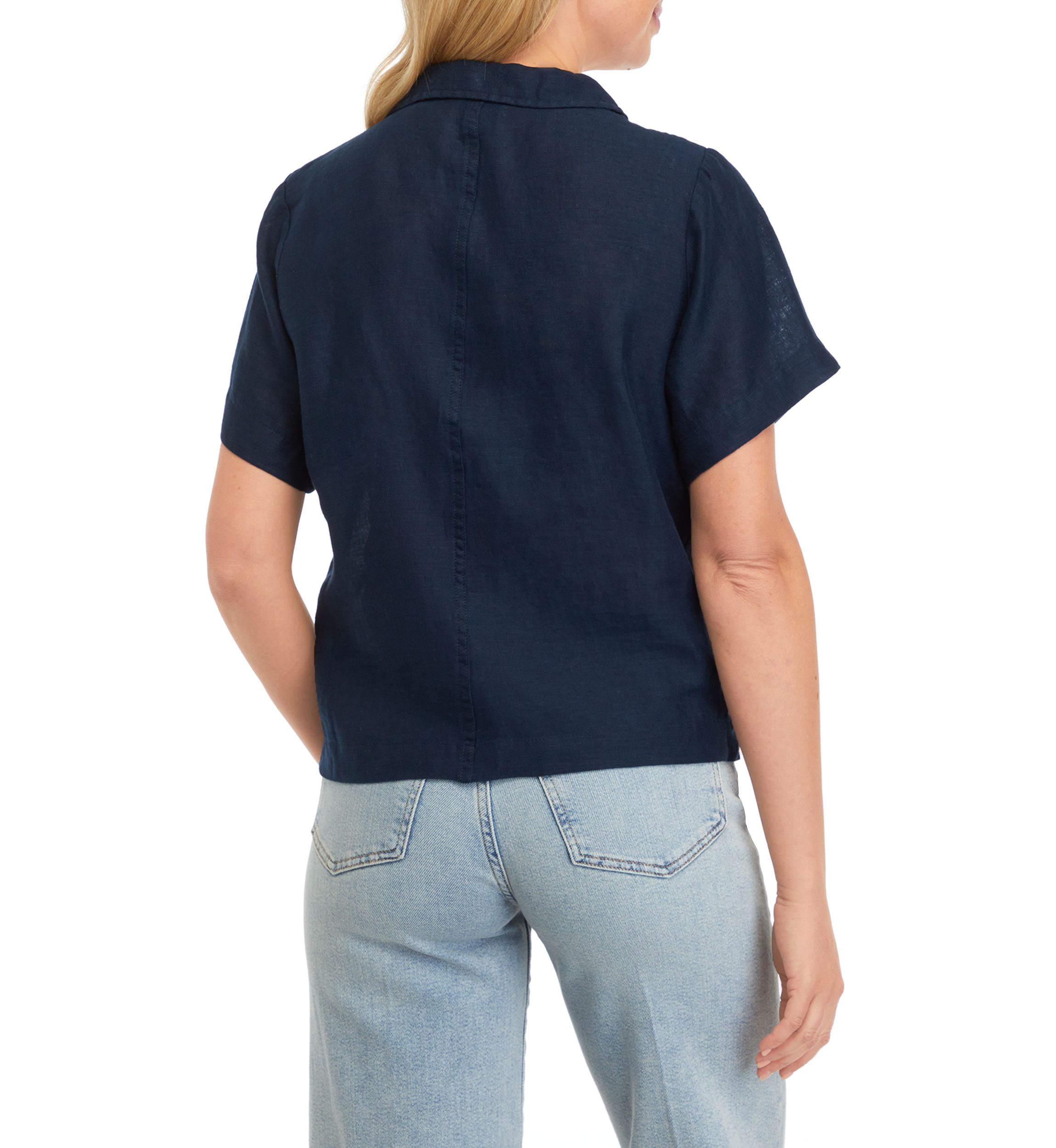 Womens Drop Shoulder Button Front Linen Camp Shirt 
