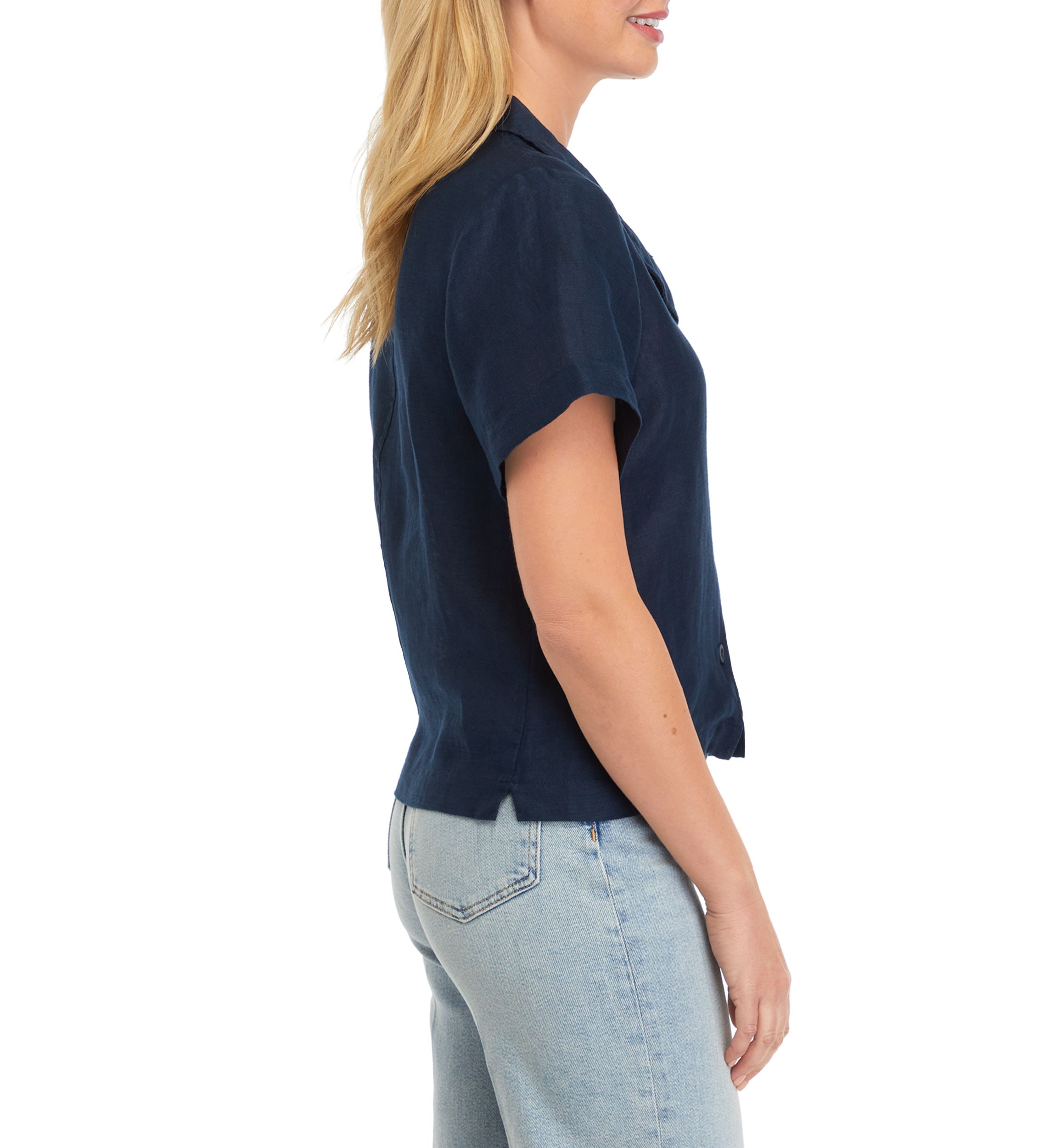 Womens Drop Shoulder Button Front Linen Camp Shirt 