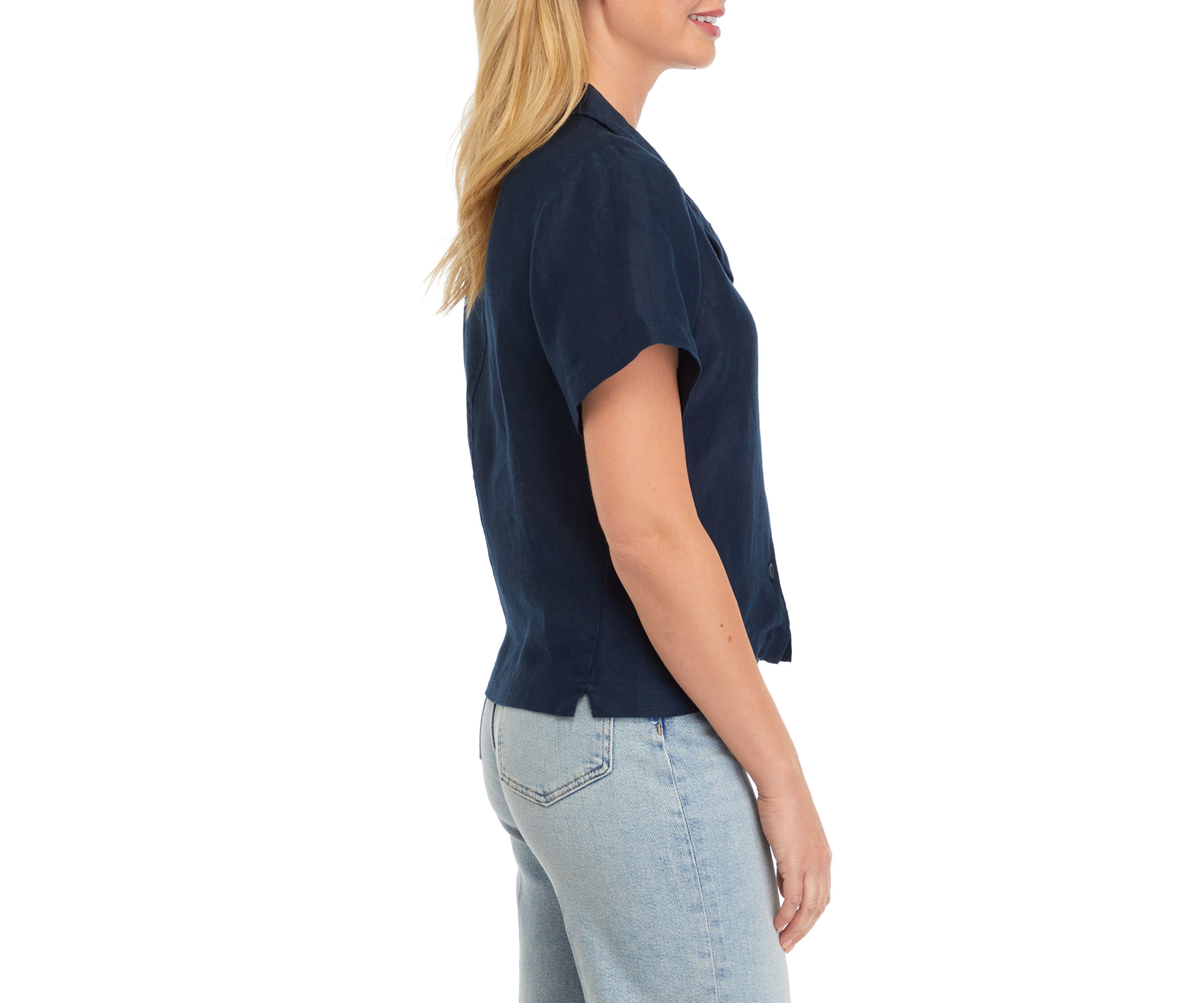 Womens Drop Shoulder Button Front Linen Camp Shirt 