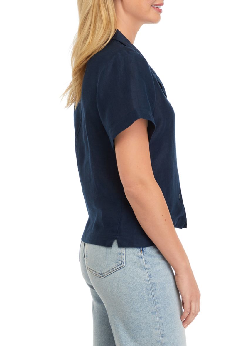 Womens Drop Shoulder Button Front Linen Camp Shirt 