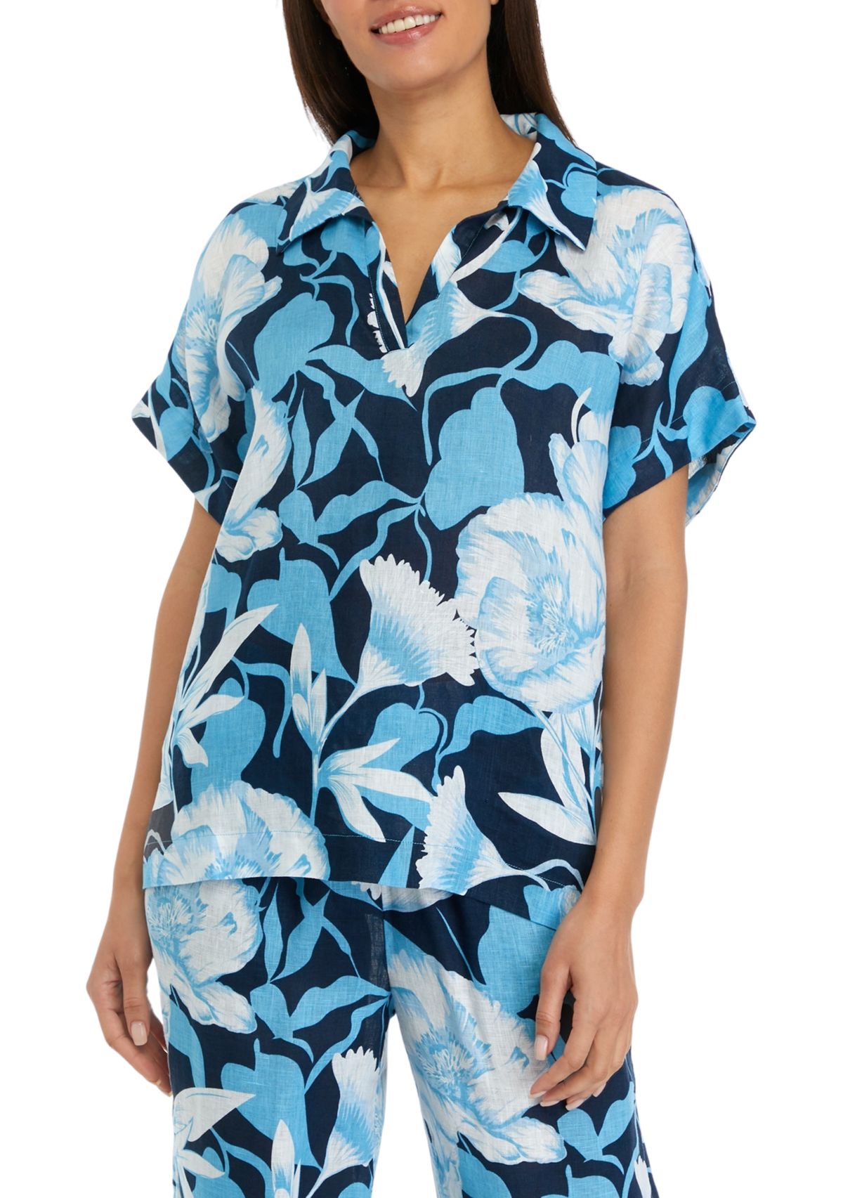 Womens Printed Split Neck Collared Linen Blouse