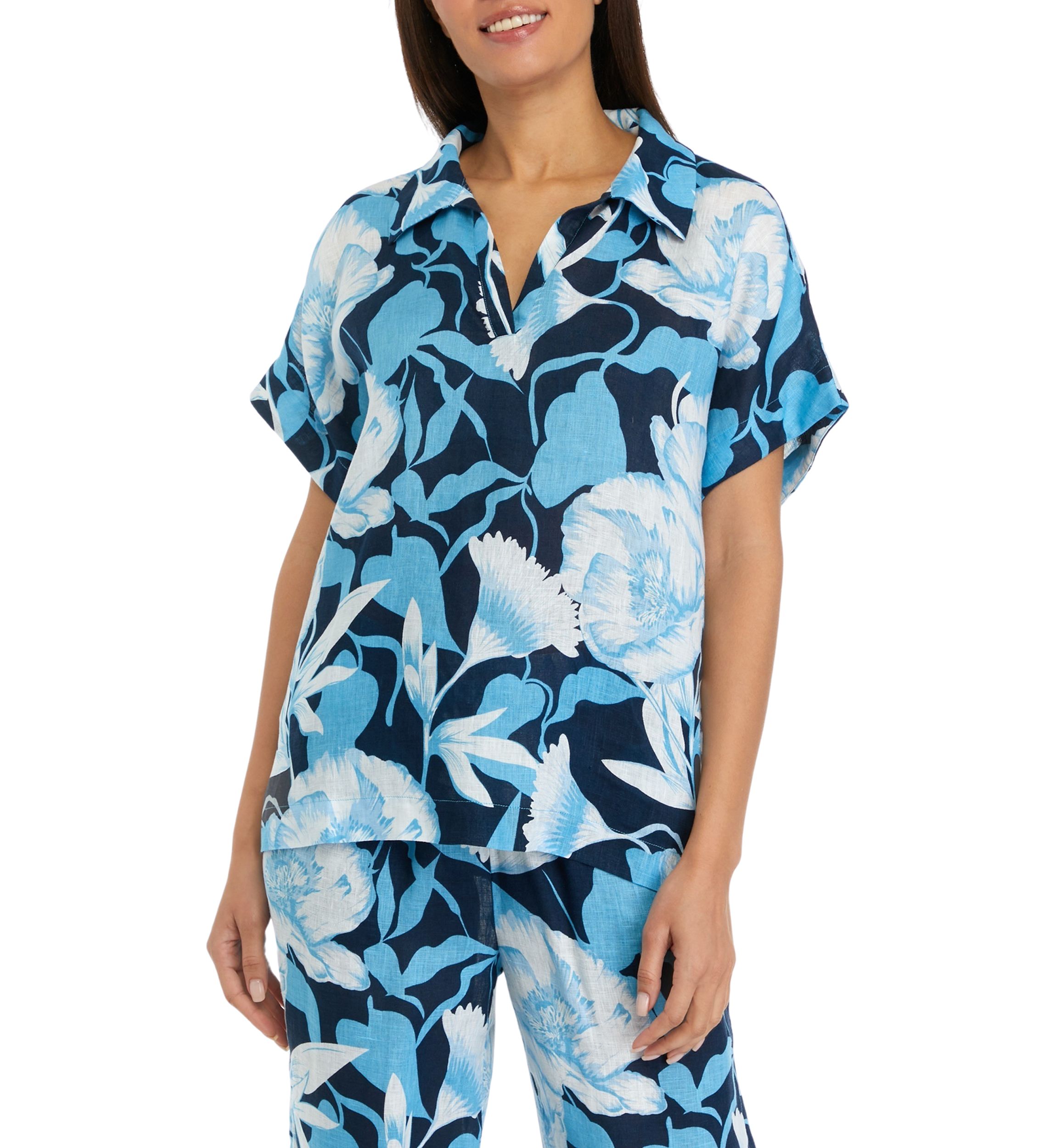 Womens Printed Split Neck Collared Linen Blouse