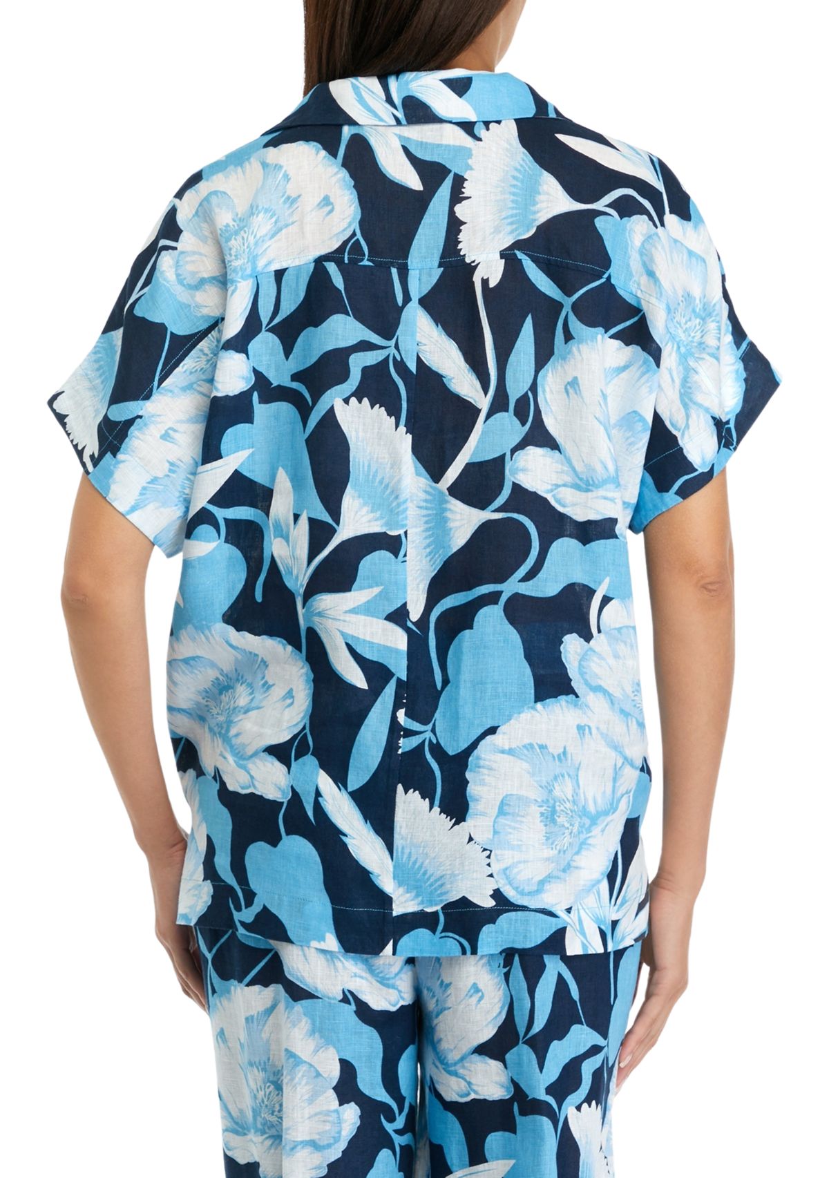 Womens Printed Split Neck Collared Linen Blouse