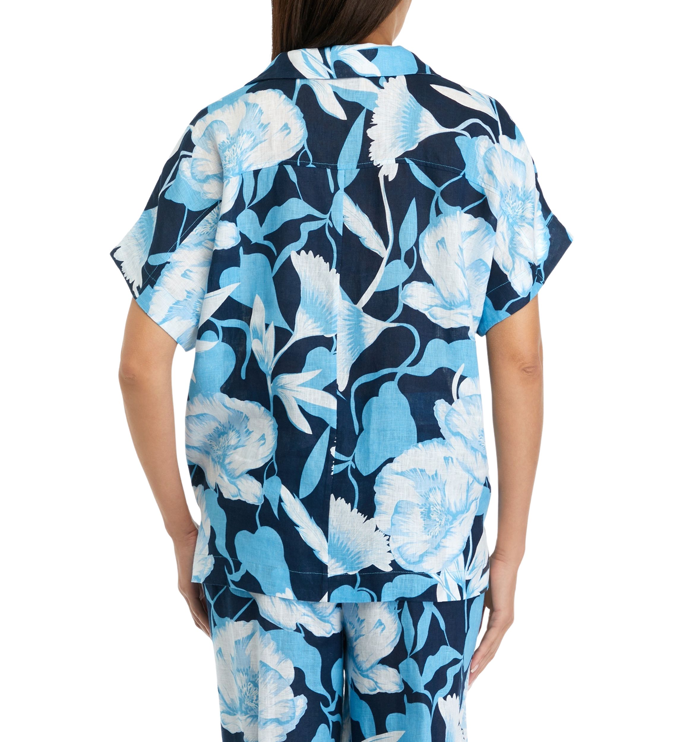 Womens Printed Split Neck Collared Linen Blouse