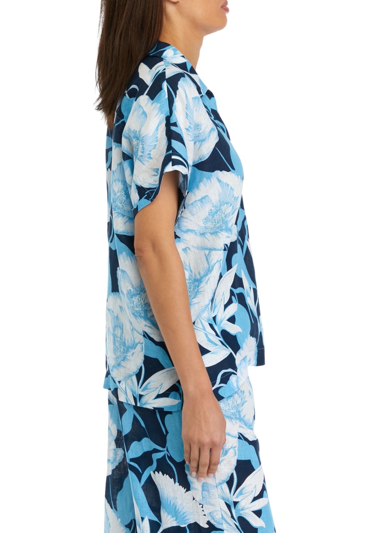 Womens Printed Split Neck Collared Linen Blouse