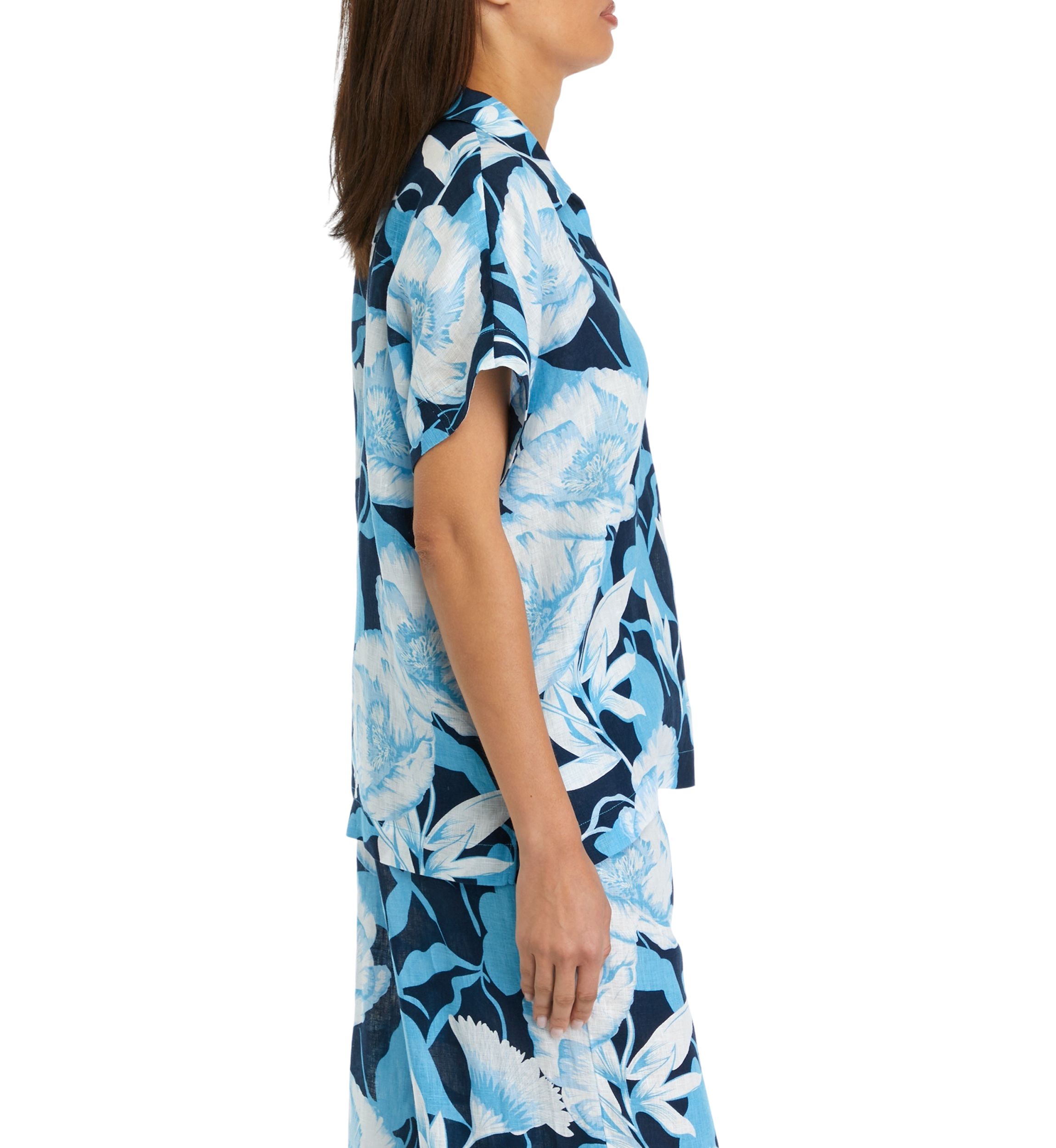 Womens Printed Split Neck Collared Linen Blouse