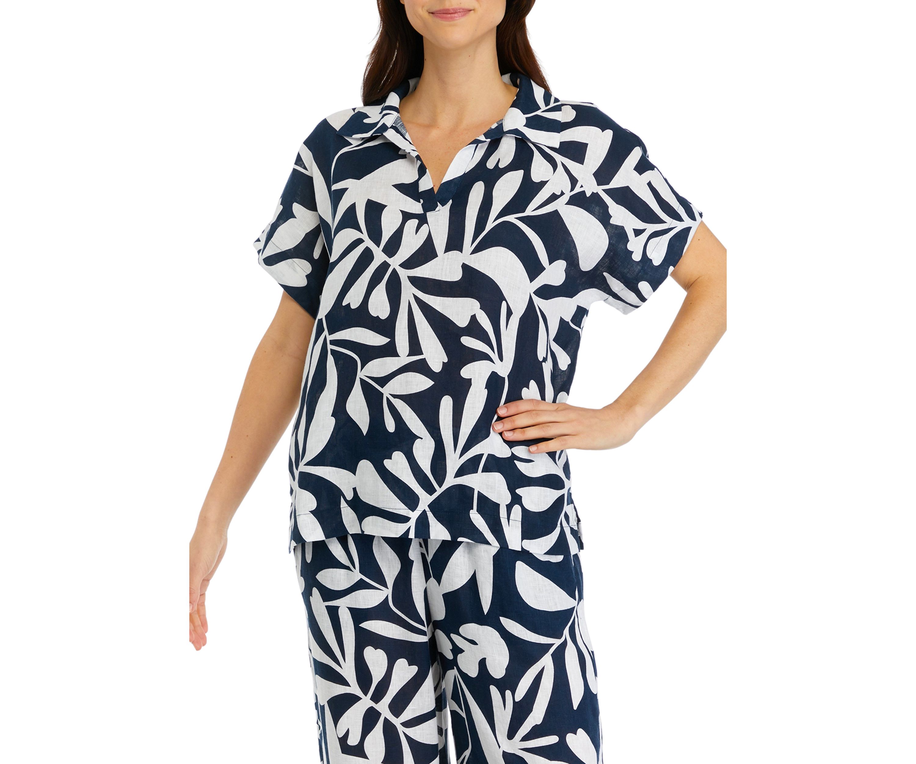 Womens Short Sleeve Printed Linen Top
