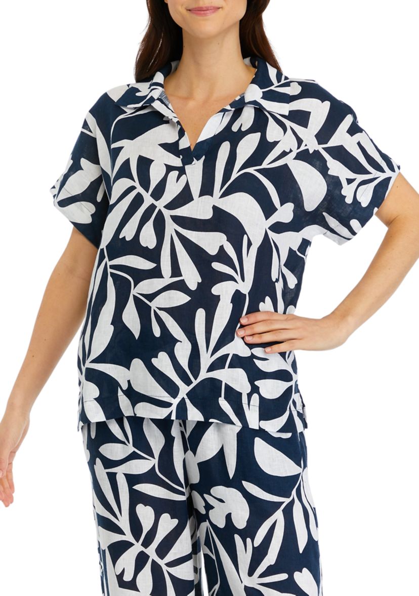 Womens Short Sleeve Printed Linen Top