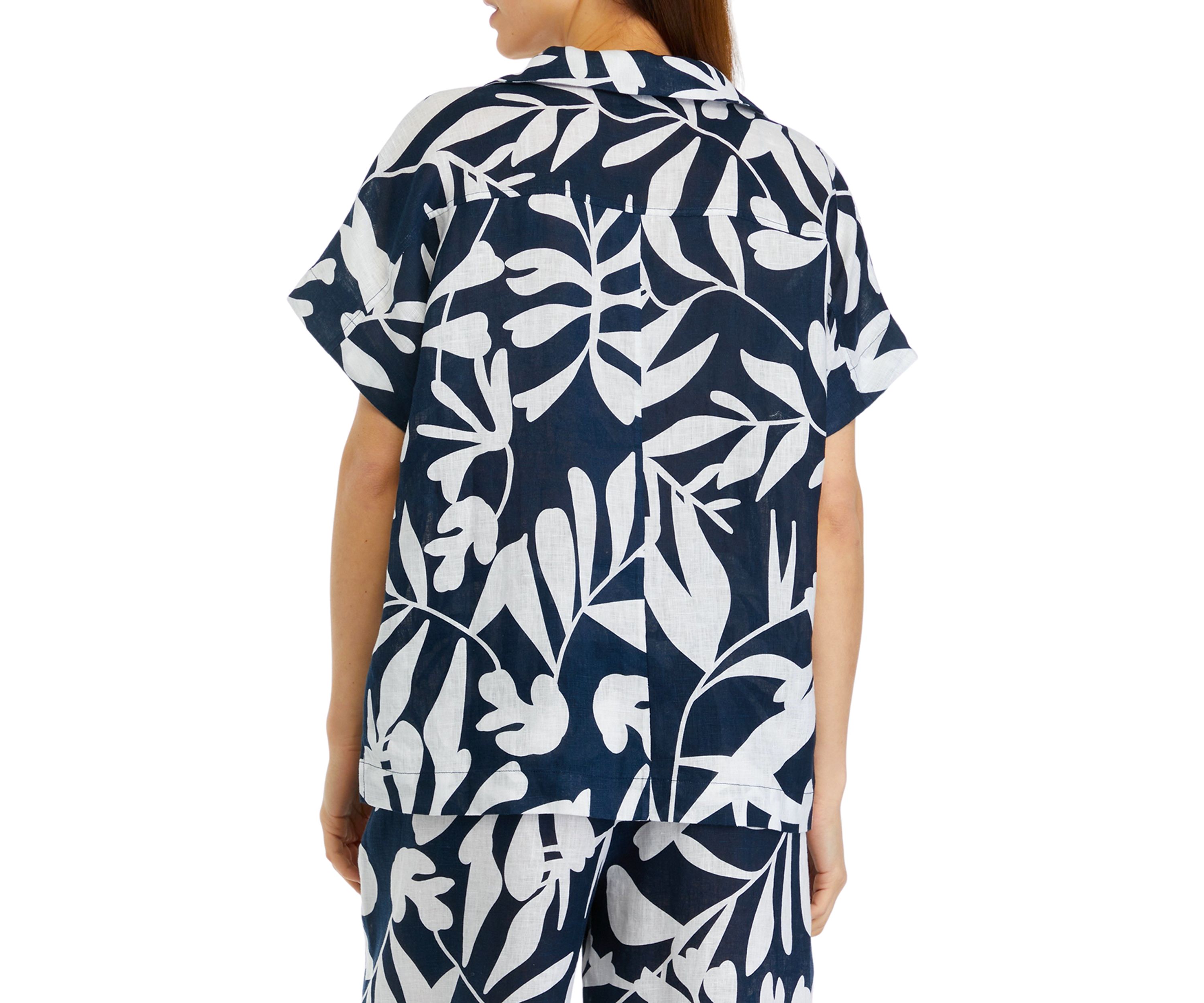 Womens Short Sleeve Printed Linen Top