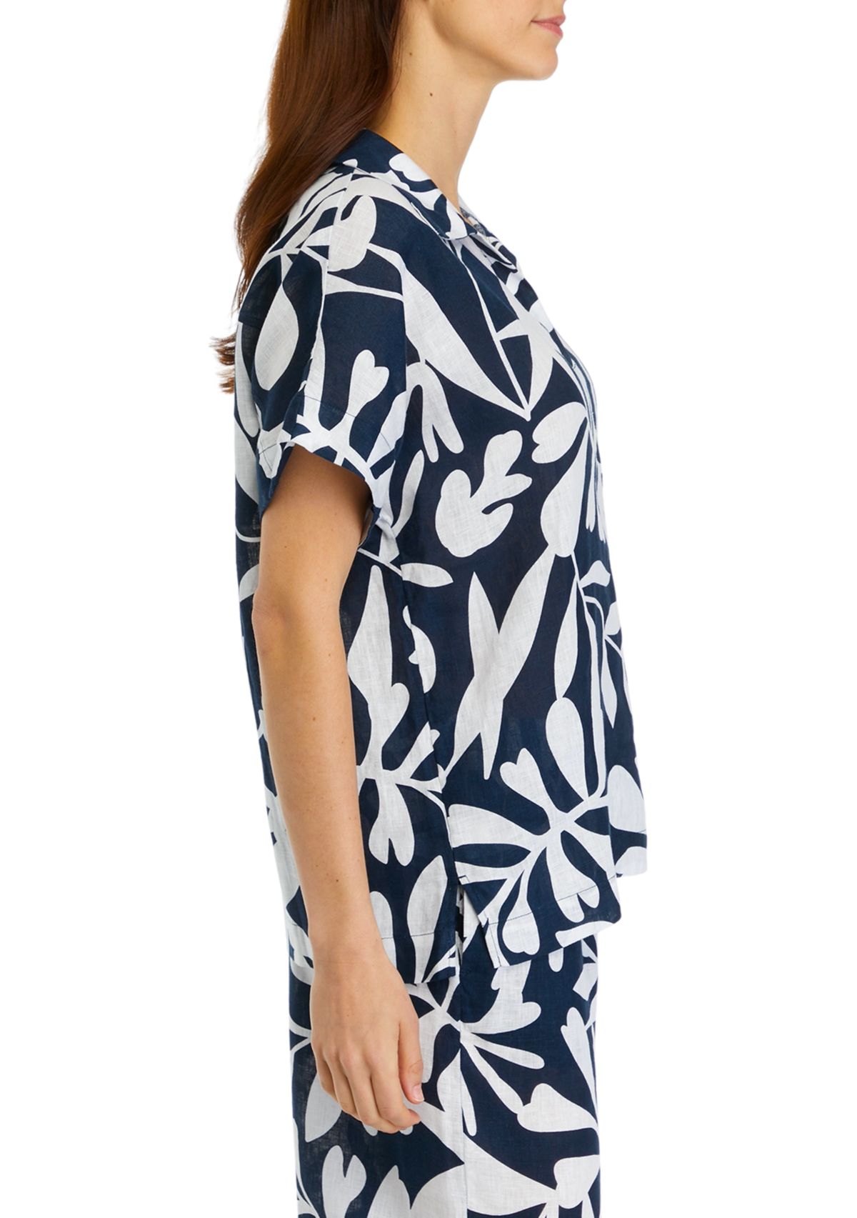 Womens Short Sleeve Printed Linen Top