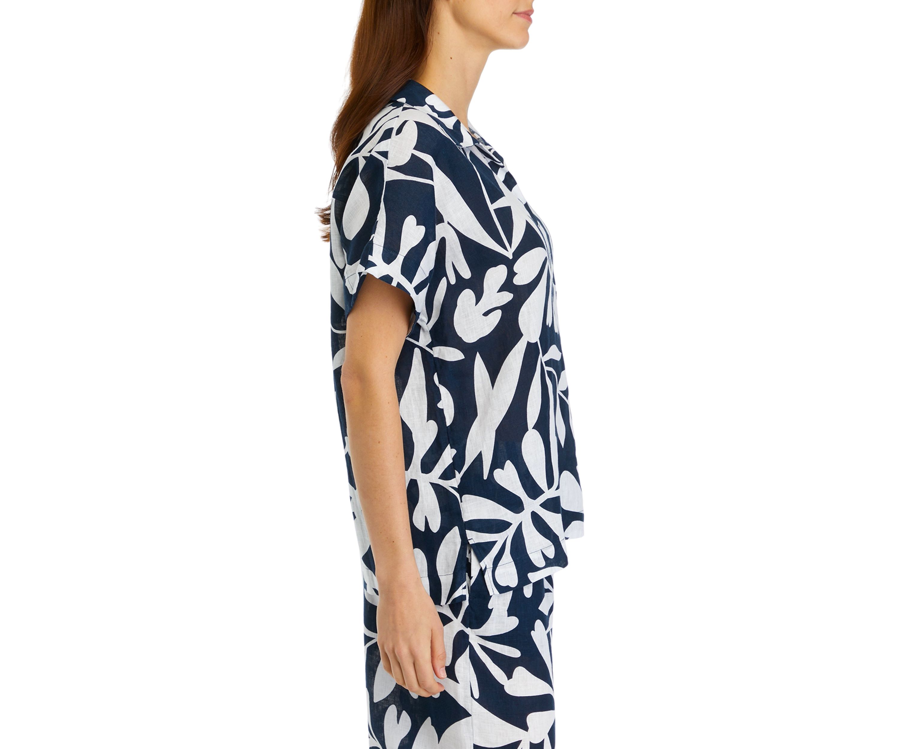 Womens Short Sleeve Printed Linen Top