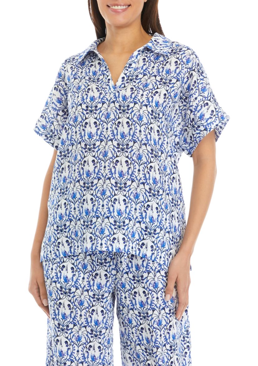 	  Womens Printed Split Neck Collared Linen Blouse 