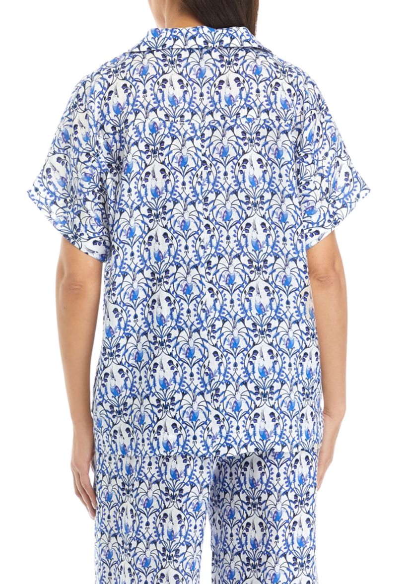 	  Womens Printed Split Neck Collared Linen Blouse 