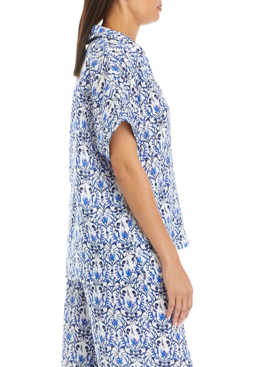 	  Womens Printed Split Neck Collared Linen Blouse 