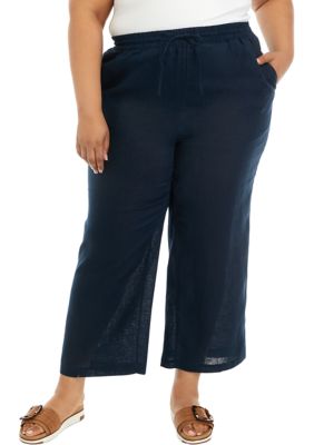 Elie Elie Tahari Women's Plus Size Pull On Linen Pants, Navy Blue, 3X