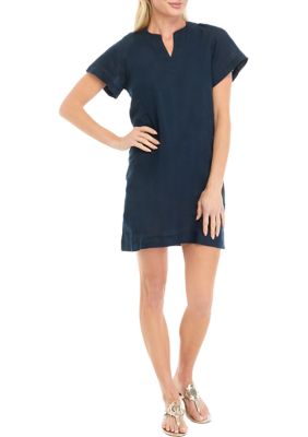 Elie Elie Tahari Women's Petite Short Sleeve Linen Popover Dress, Navy Blue, PM