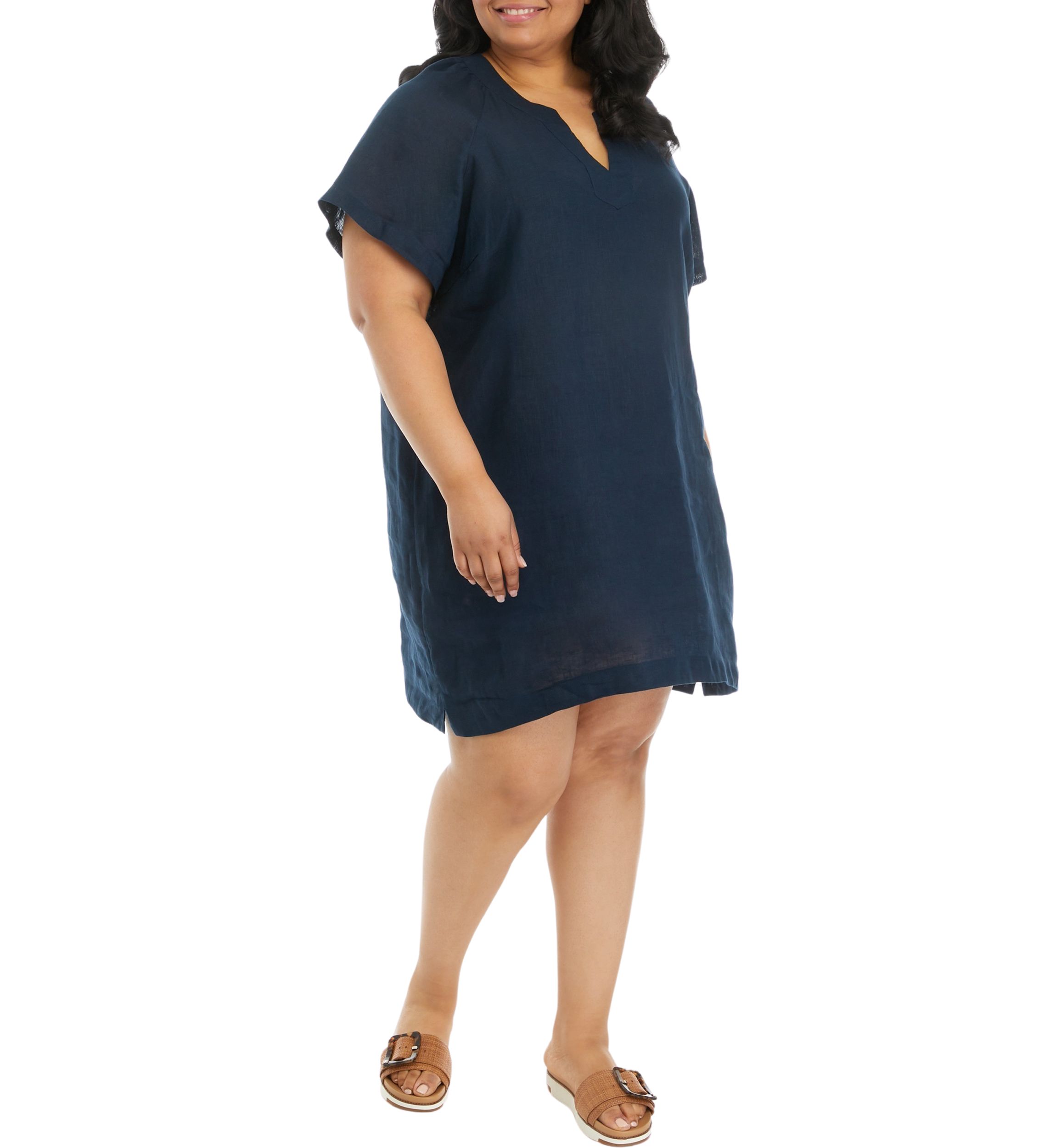 Plus Size Linen Short Sleeve Popover Dress 