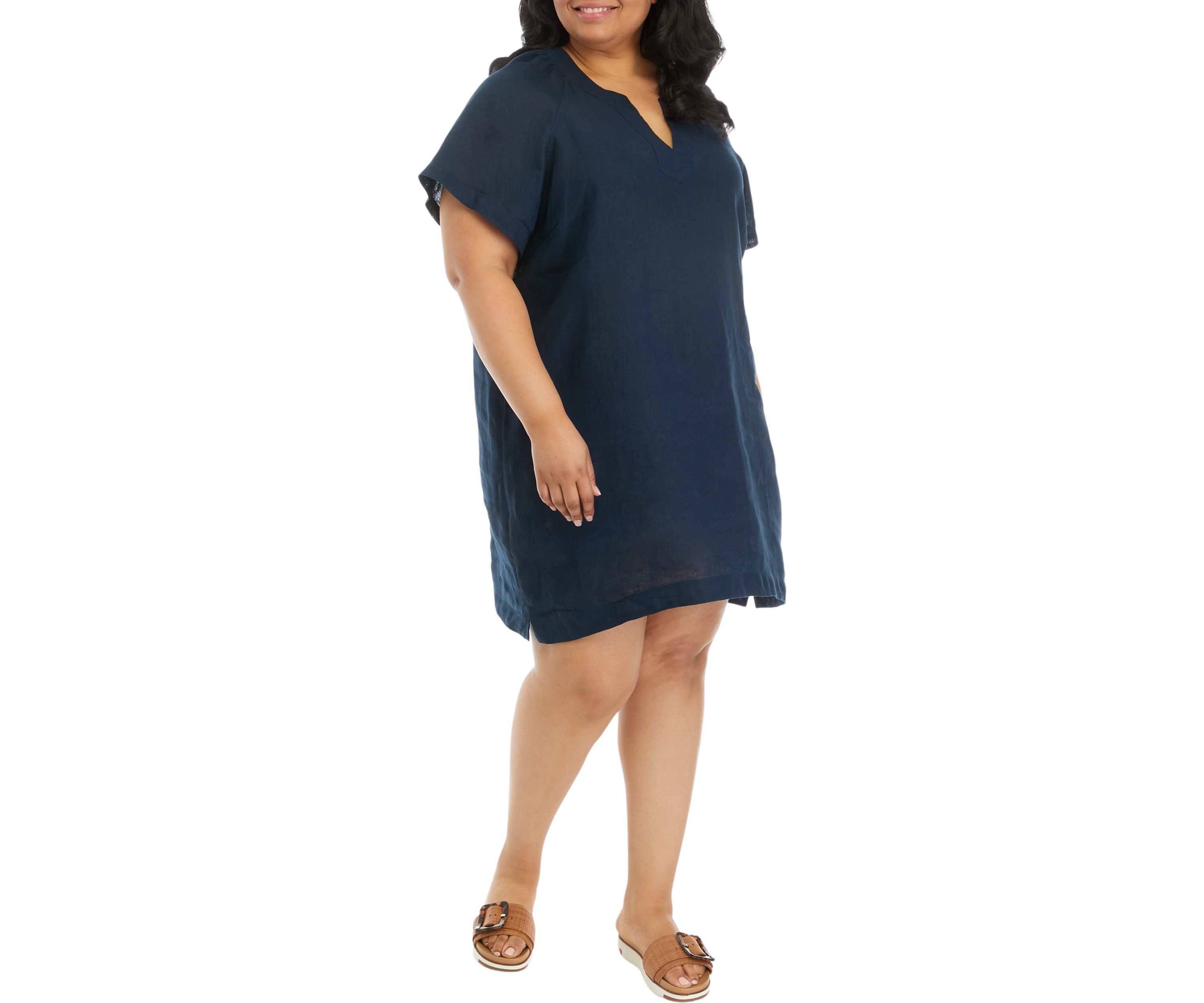 Plus Size Linen Short Sleeve Popover Dress 
