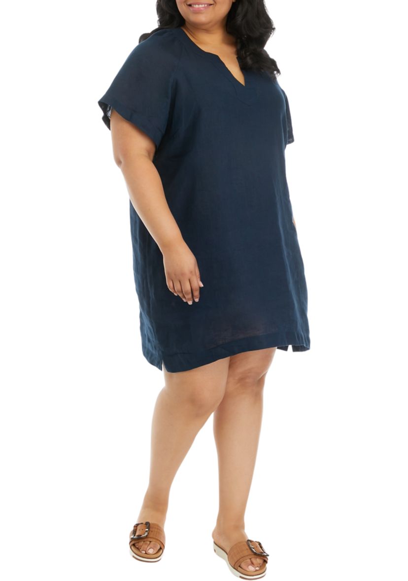 Plus Size Linen Short Sleeve Popover Dress 