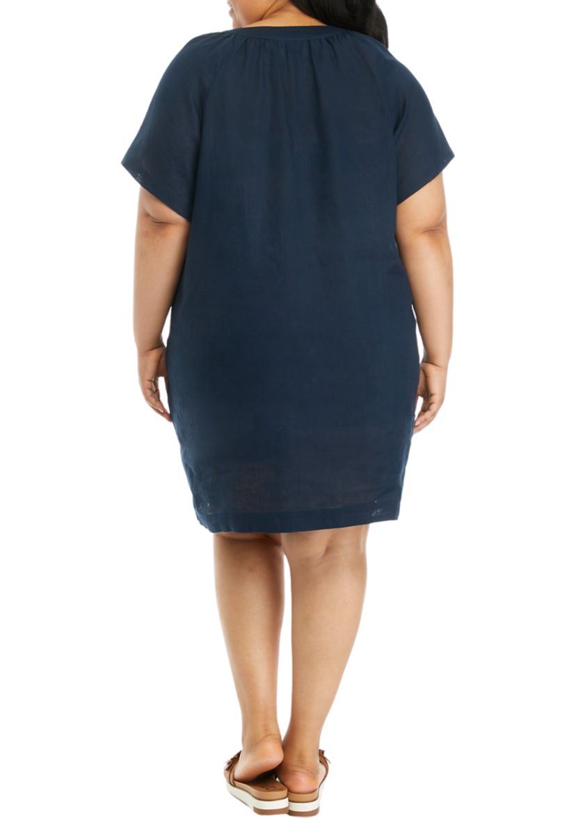 Plus Size Linen Short Sleeve Popover Dress 