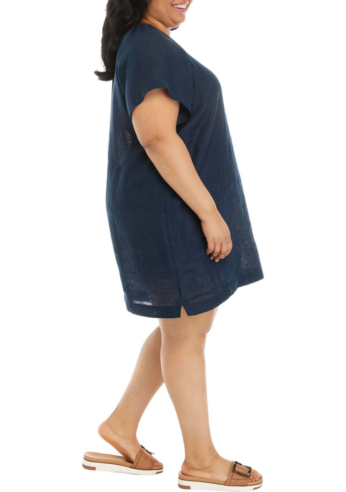 Plus Size Linen Short Sleeve Popover Dress 