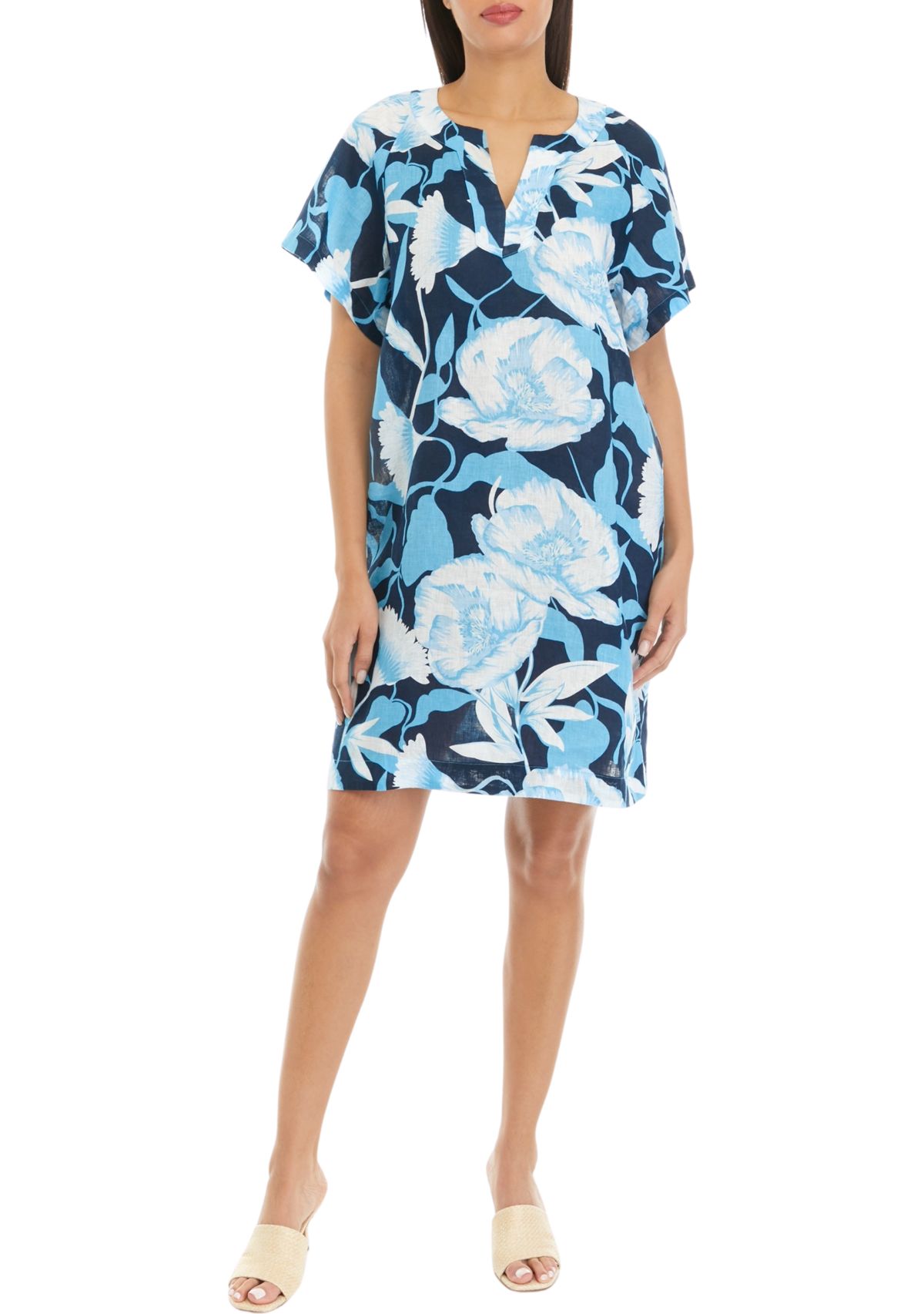 	  Womens Printed Split Neck Linen Dress 