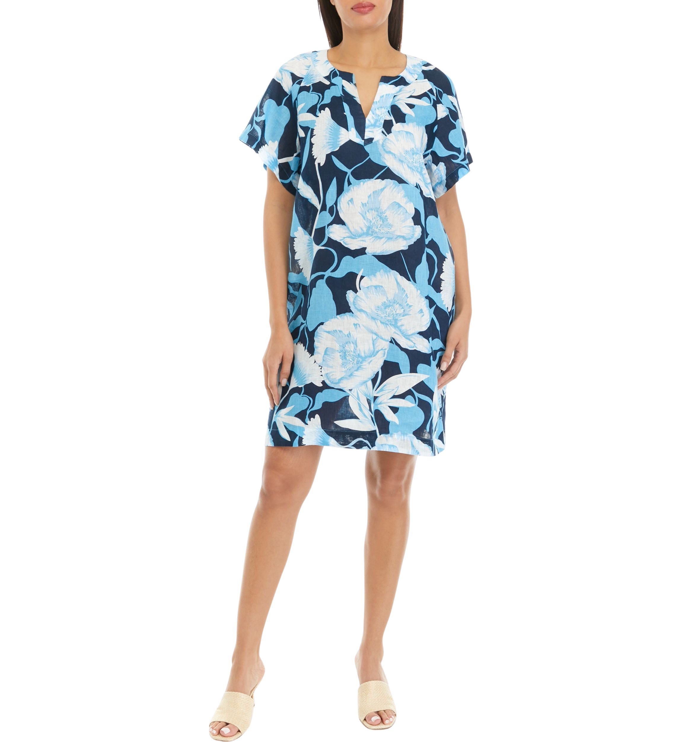 tahari linen dress Elie Elie Tahari Women's Printed Split Neck Linen Dress, Small
