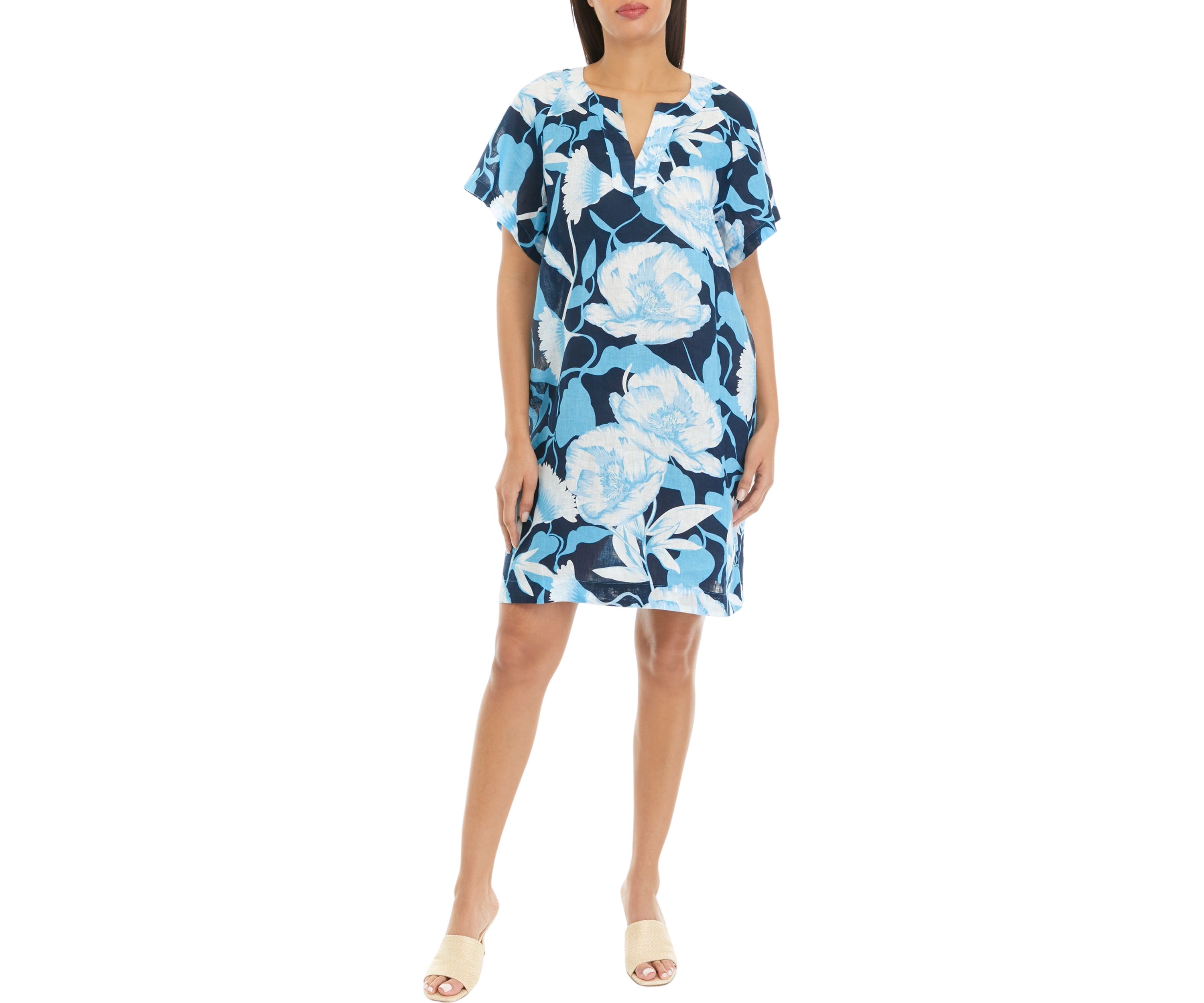 	  Womens Printed Split Neck Linen Dress 