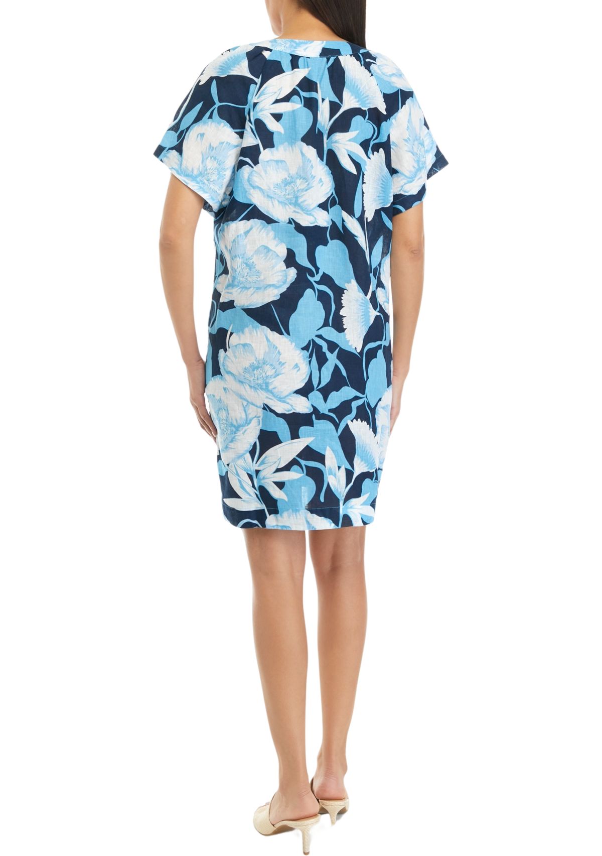 	  Womens Printed Split Neck Linen Dress 