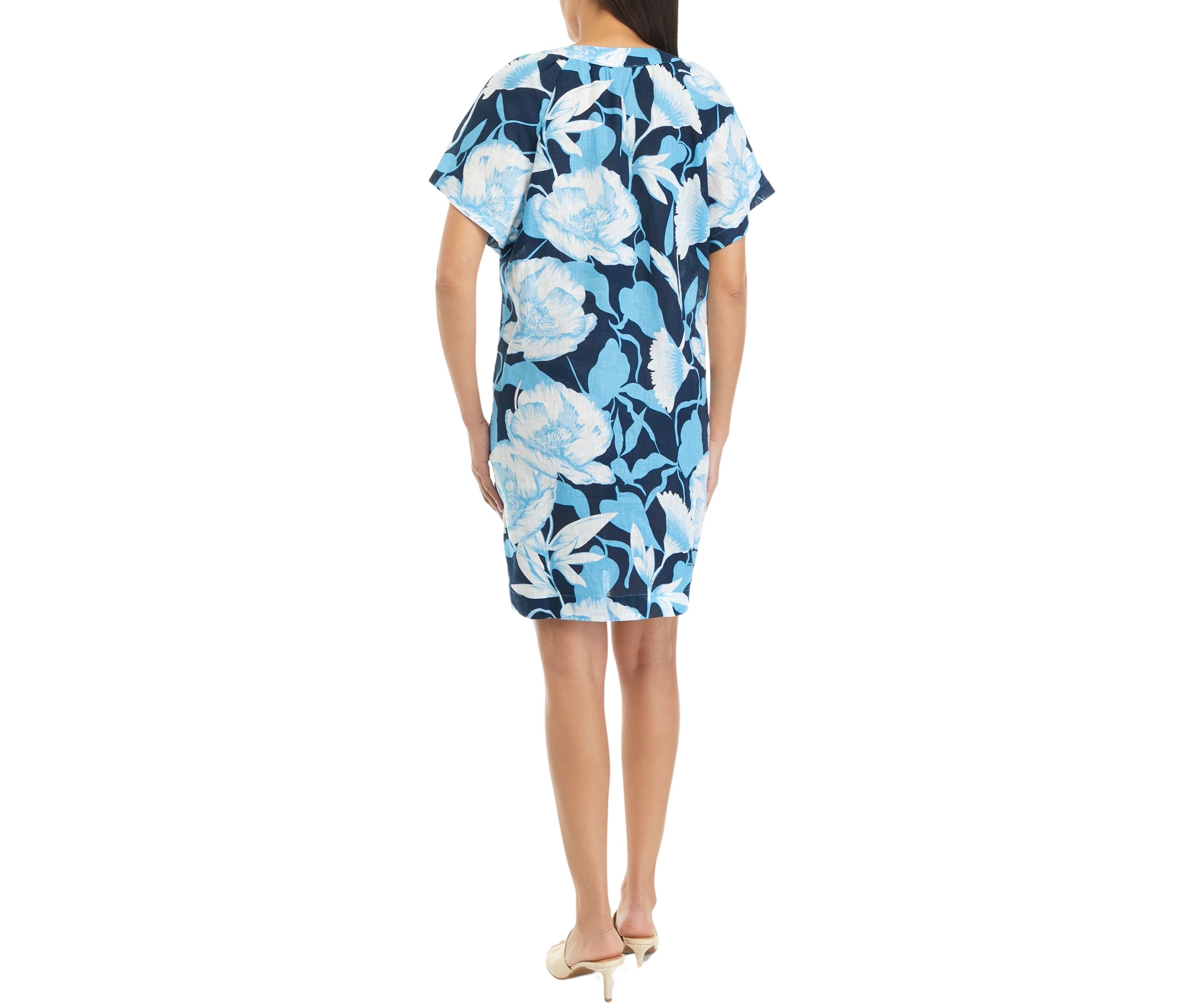 	  Womens Printed Split Neck Linen Dress 