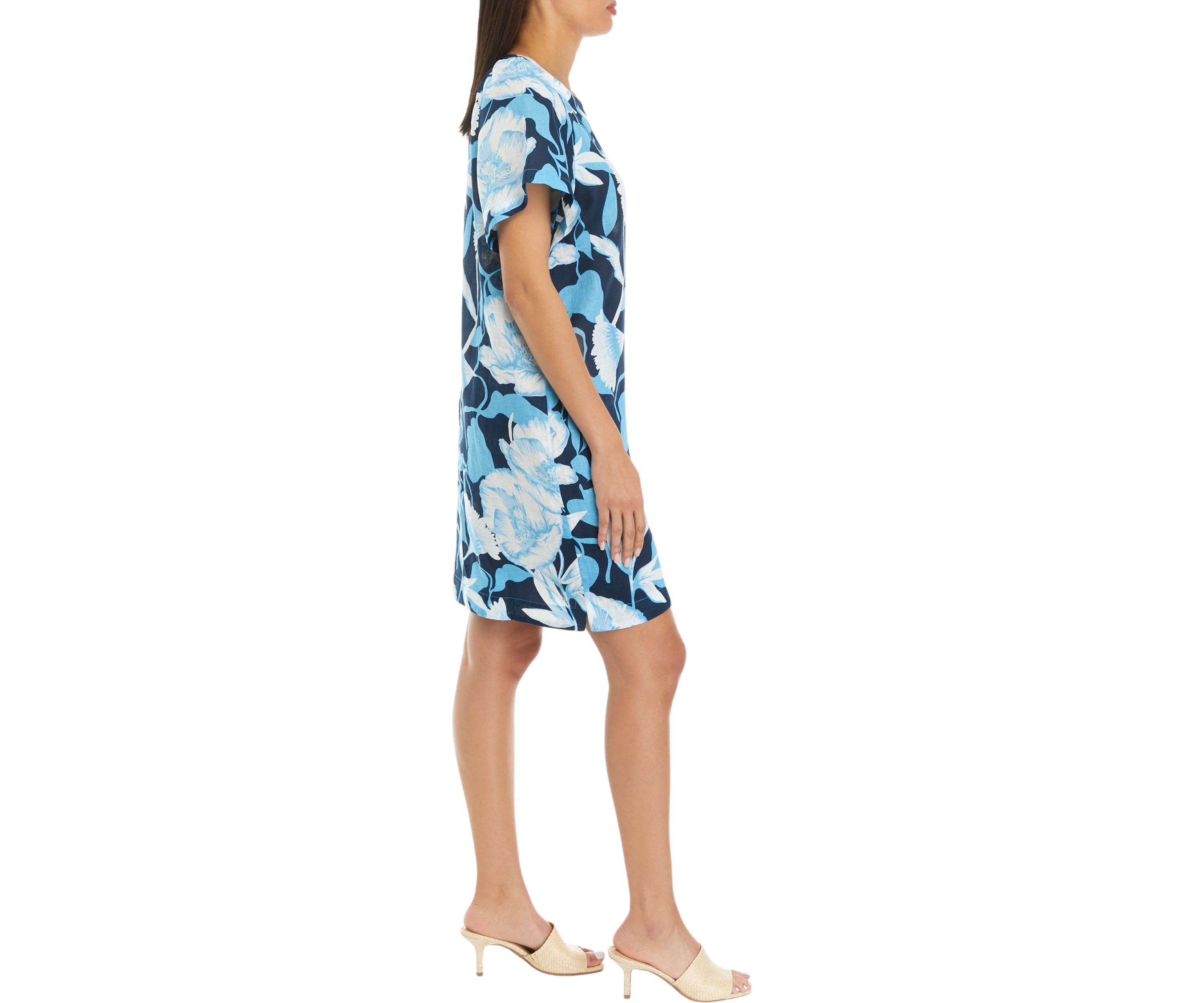 	  Womens Printed Split Neck Linen Dress 