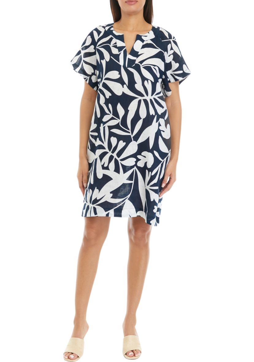 Womens Printed Split Neck Linen Dress