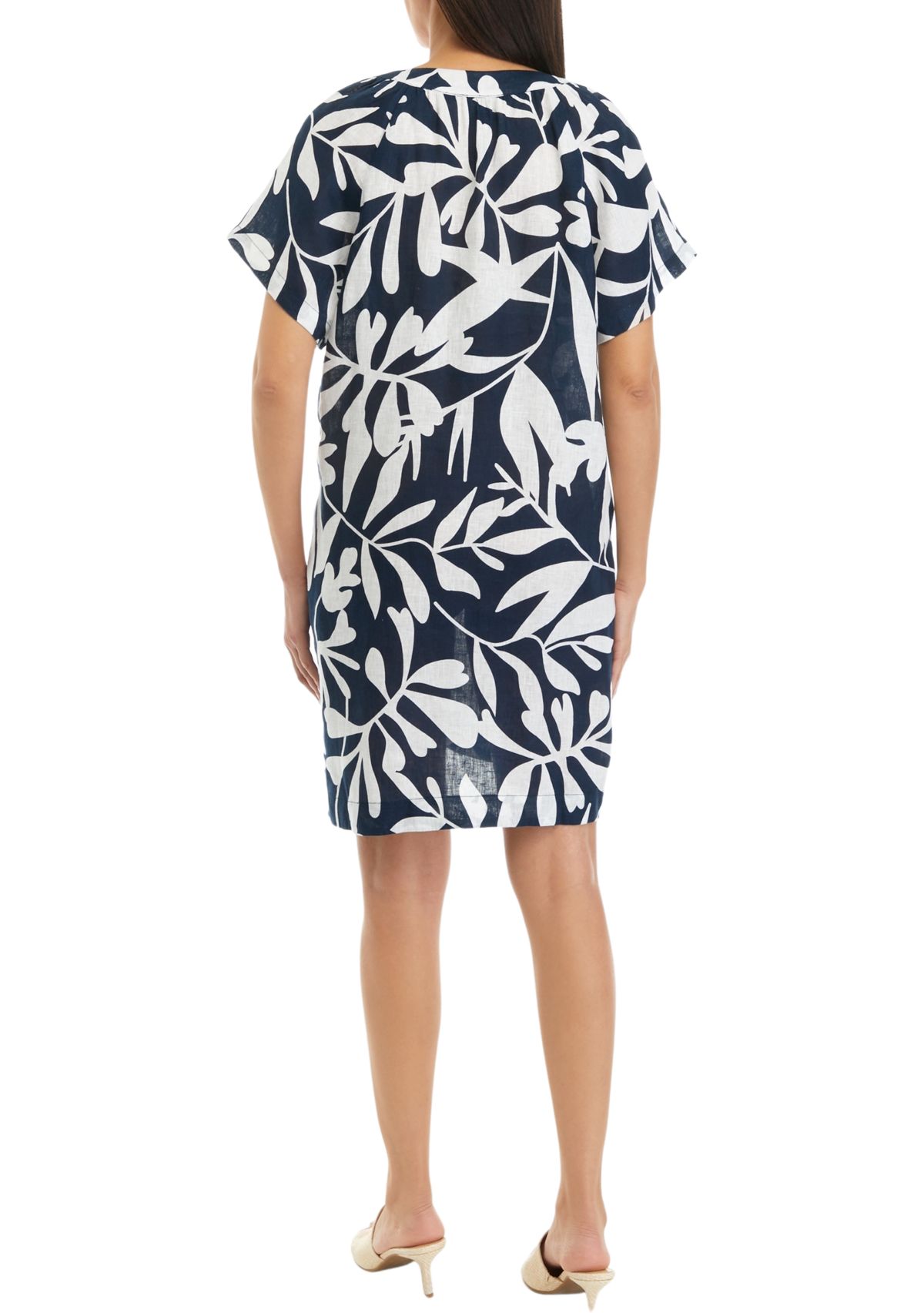 Womens Printed Split Neck Linen Dress