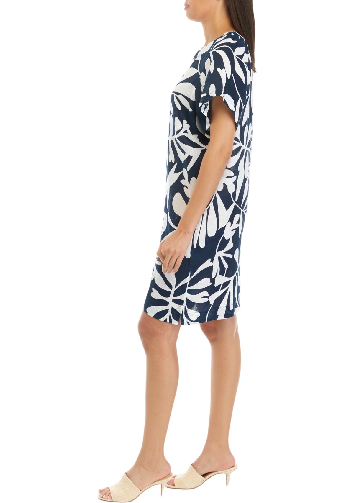 Womens Printed Split Neck Linen Dress