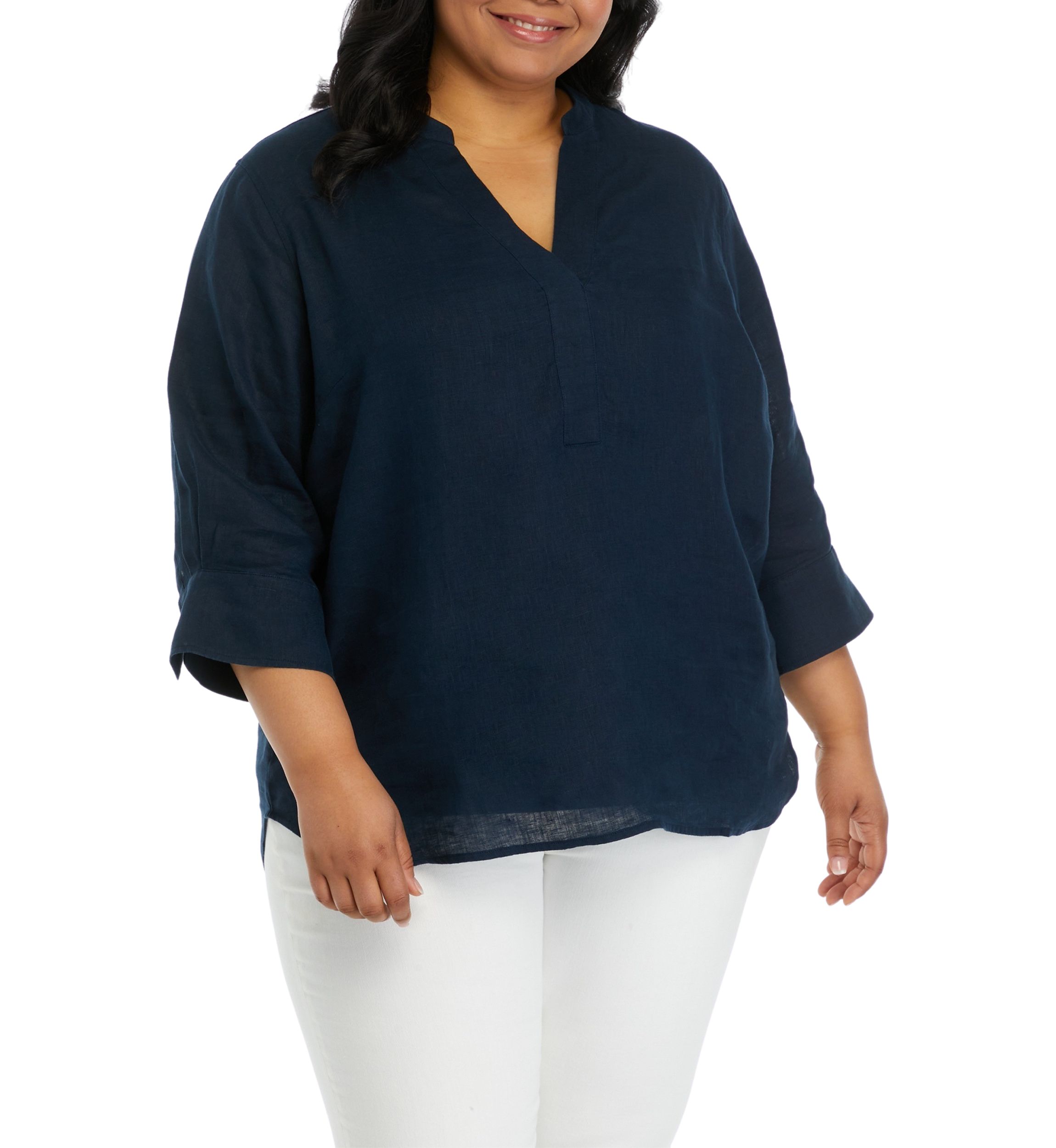 Plus Size 3/4 Sleeve Linen Tunic Top 