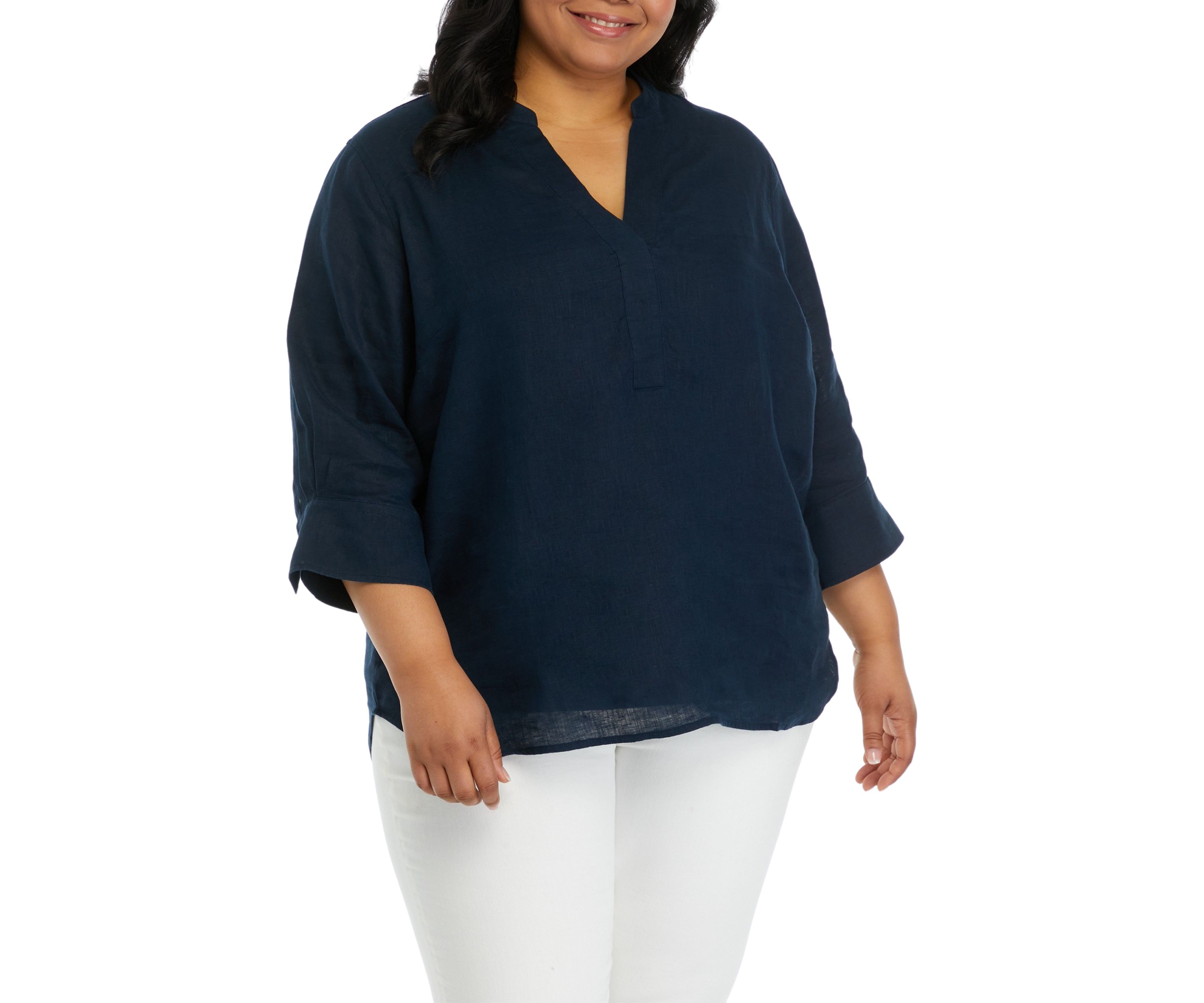 Plus Size 3/4 Sleeve Linen Tunic Top 